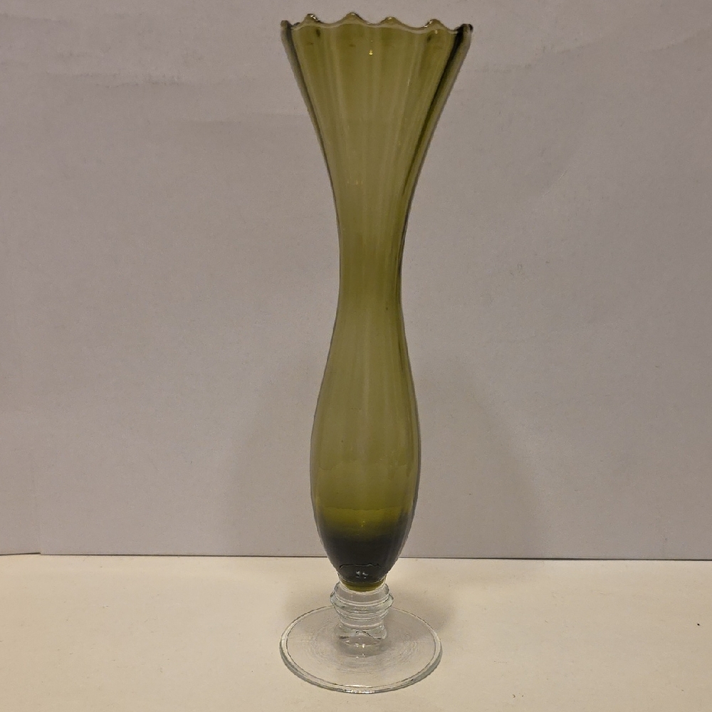 Vintage Olive Green Hand Blown Vase 8" Tall